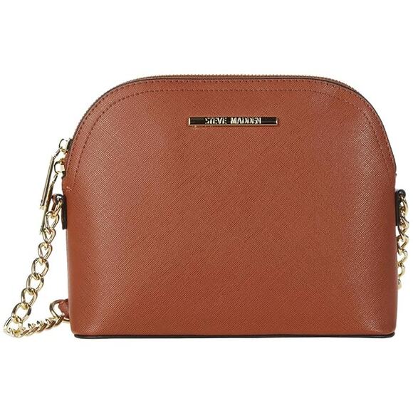 Steve Madden Dome Crossbody Handbag 2-in-1 Cognac Brown Purse Gold Chain Classic - Picture 1 of 5